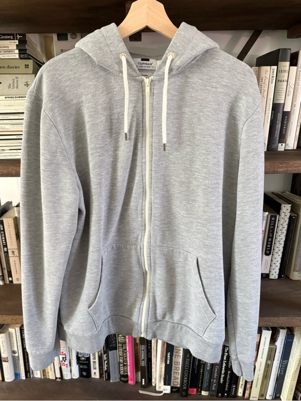 NWOT Topshop Classic Topman Light Grey Drawstring Zip Front Hoodie L